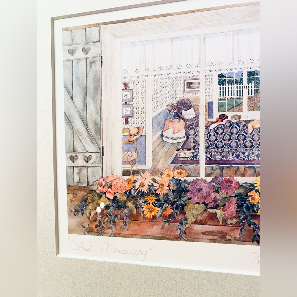 Vintage Framed Cat Print Art Cottagecore Garden Scene Purple Metal How A-Musing